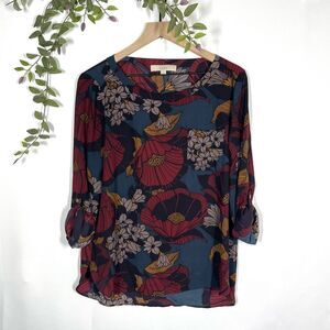 Loft Size Small Floral Blouse Top Shirt Roll Tab Sleeve Career Business